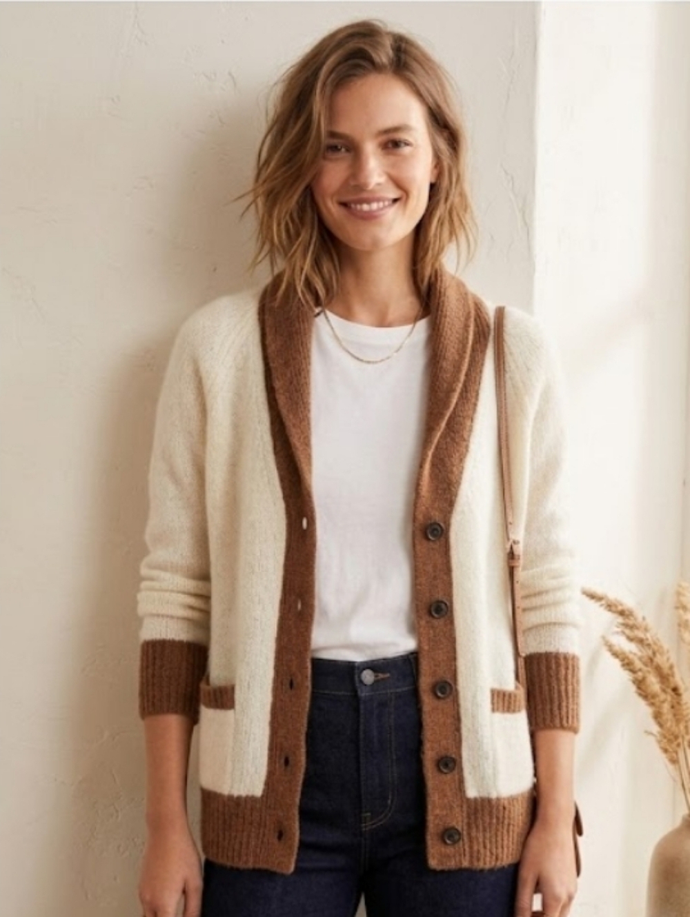 J. Crew Wool and Mohair Blend Cream and Brown Cardigan XS